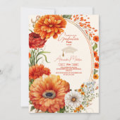 錆テラコッタ花燃えたオレンジの卒業 招待状 (正面)