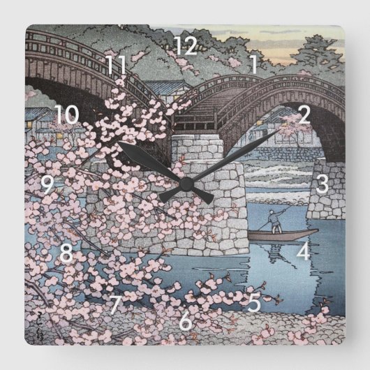 錦帯橋の春宵、Kintai橋、Hasui Kawaseの春 スクエア壁時計 (正面)