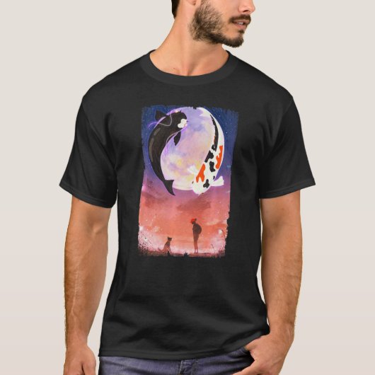 錦鯉の月と犬の日本デザイン Tシャツ (正面)