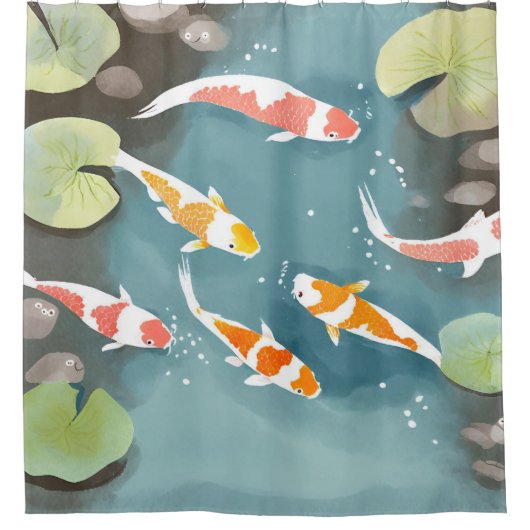 錦鯉の池の水彩画 | 美しい魚の絵 シャワーカーテン (正面)