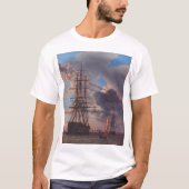 錨を下ろす船とフリゲート艦 Tシャツ (正面)