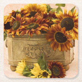 錫のバスケットのオレンジヒマワリ スクエアペーパーコースター