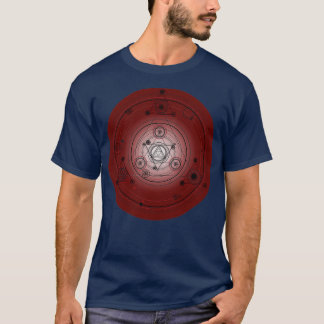 錬金術のシンボルを持つマルーンの赤いマンダラサークル Tシャツ