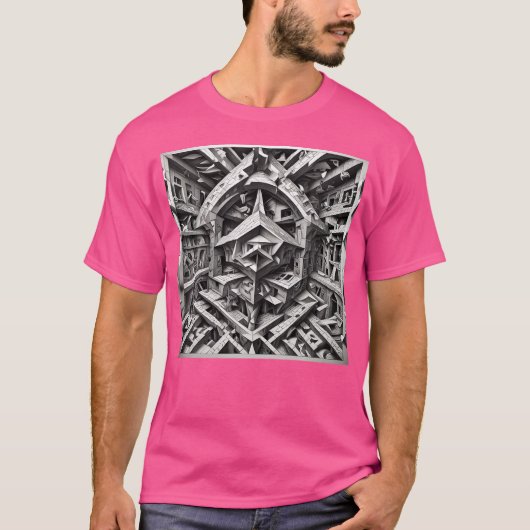 錯視が脳を歪ませる M C エッシャー風だまし絵イラストデザイン Tシャツ (正面)