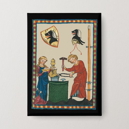 鍛冶鍛造ヘルメット中世アート 缶バッジ (正面)