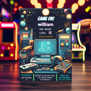 鍵おもしろいボーイクールキッズゲームレベルアップ6誕生日 招待状