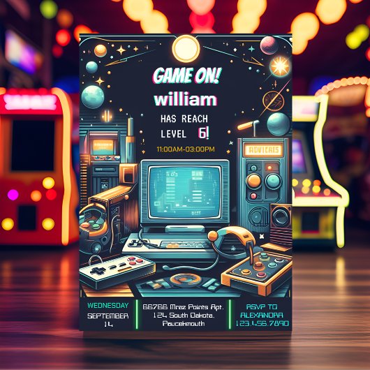 鍵おもしろいボーイクールキッズゲームレベルアップ6誕生日 招待状