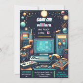 鍵おもしろいボーイクールキッズゲームレベルアップ6誕生日 招待状 (正面)