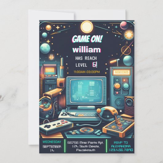 鍵おもしろいボーイクールキッズゲームレベルアップ6誕生日 招待状 (正面)