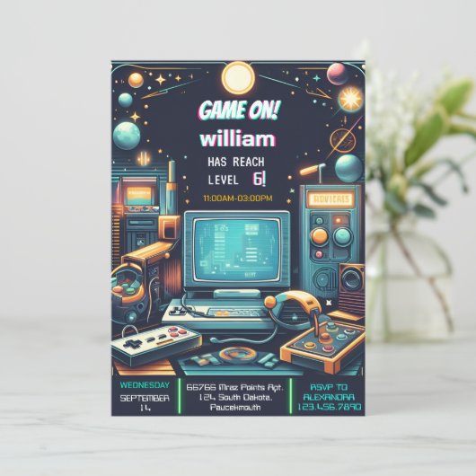 鍵おもしろいボーイクールキッズゲームレベルアップ6誕生日 招待状 (スタンド正面)