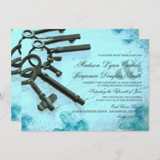 鍵から彼女のハートヴィンテージアクア結婚式招待状 招待状 (正面/裏面)