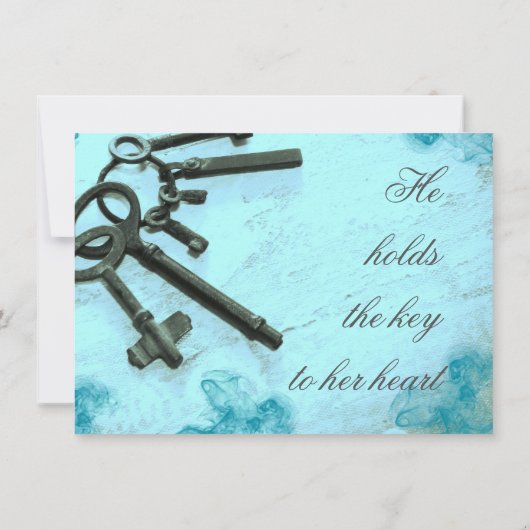 鍵から彼女のハートヴィンテージアクア結婚式招待状 招待状 (裏面)