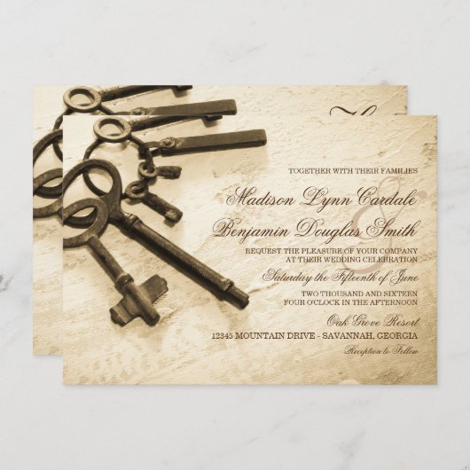 鍵に彼女のハートヴィンテージウェディング招待状 招待状 (正面/裏面)