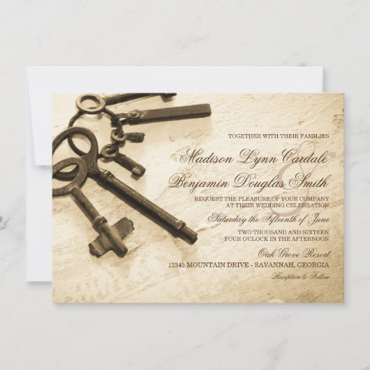 鍵に彼女のハートヴィンテージウェディング招待状 招待状 (正面)