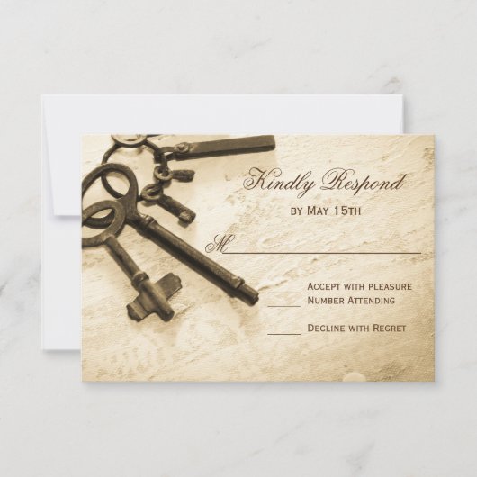 鍵に彼女のハートヴィンテージウェディングRSVPカード 出欠カード (正面)