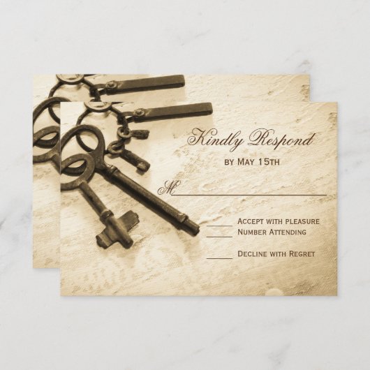鍵に彼女のハートヴィンテージウェディングRSVPカード 出欠カード (正面/裏面)