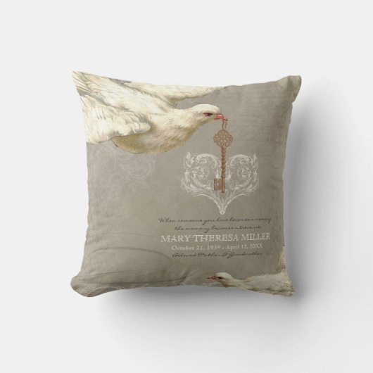 鍵に私のハートの鳩スワールフローリッシュグレーコラージュ クッション (正面)