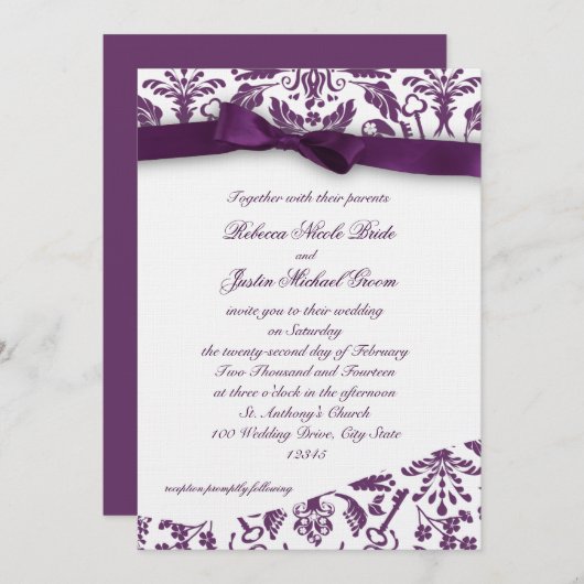 鍵に私のハートダマスクで弓 招待状 (正面/裏面)