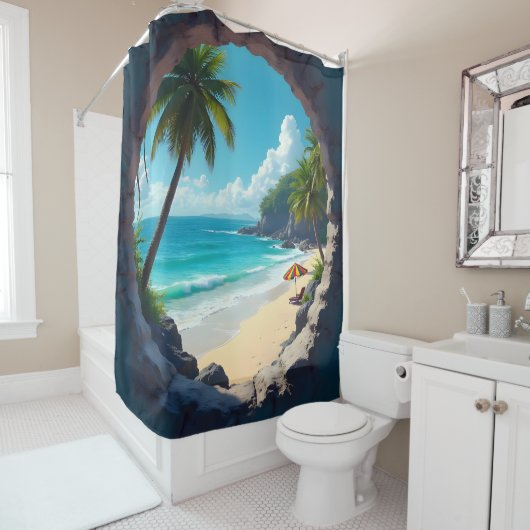 鍵の穴の太陽のビーチと海の表示 シャワーカーテン (インサイチュ)