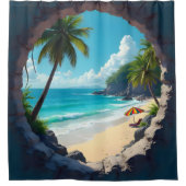 鍵の穴の太陽のビーチと海の表示 シャワーカーテン (正面)