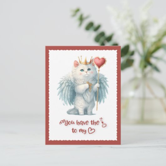 鍵へ私のハート王室のホワイトエンジェルキャットバレンタイン シーズンポストカード (スタンド正面)