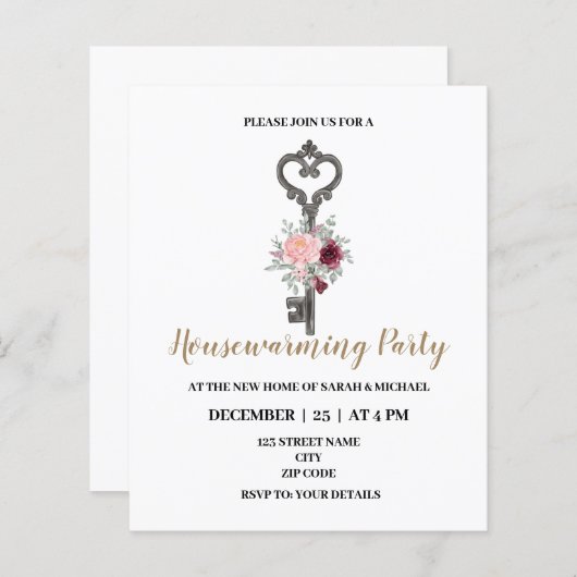 鍵をテーマにした引っ越し祝いパーティーパーティの招待状 (正面/裏面)