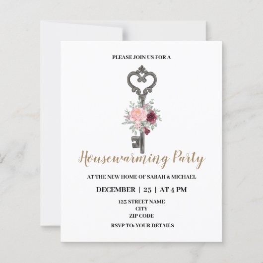 鍵をテーマにした引っ越し祝いパーティーパーティの招待状 (正面)