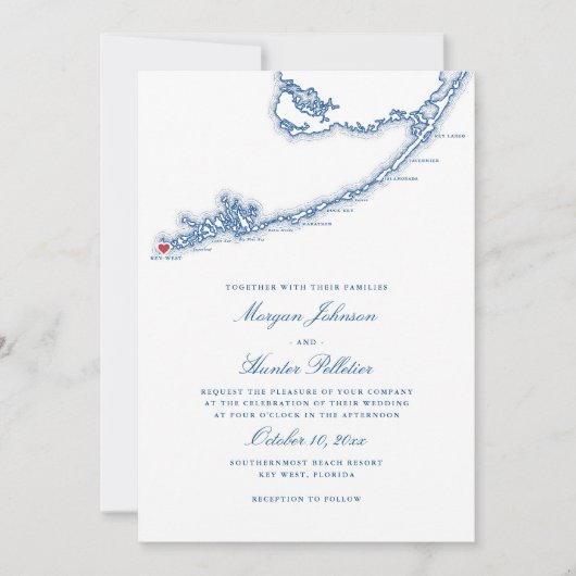 鍵ウエストFLマップエレガントネイビーブルー結婚ズ 招待状 (正面)