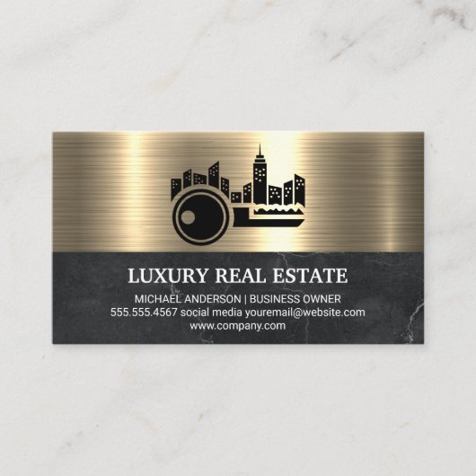 鍵シティロゴメタリック金ゴールド大理石 名刺 (正面)