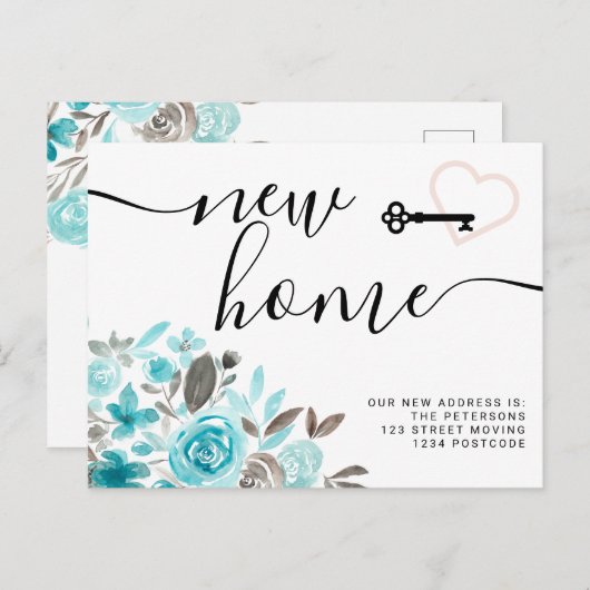 鍵ティール（緑がかった色）フローラ水の色の新しいホームハート移動 案内ポストカード (正面/裏面)