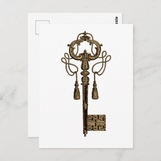鍵ハートアンティークヴィンテージイラストレーション葉書 ポストカード (正面/裏面)