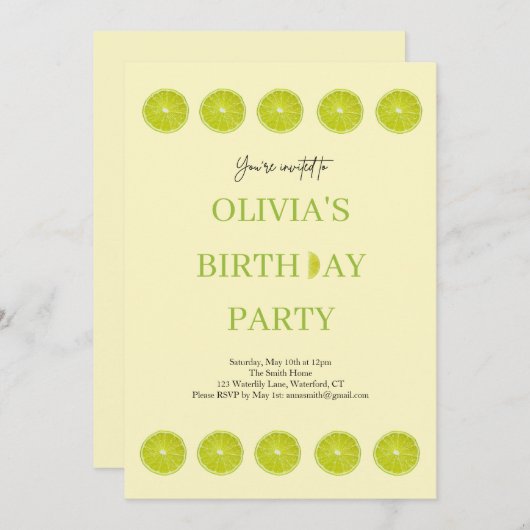 鍵ライムフルーツフレッシュバースデーパーティーへの招待 招待状 (正面/裏面)