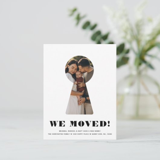 鍵穴シンプル写真ミニマモダンリスト移動 案内ポストカード (スタンド正面)