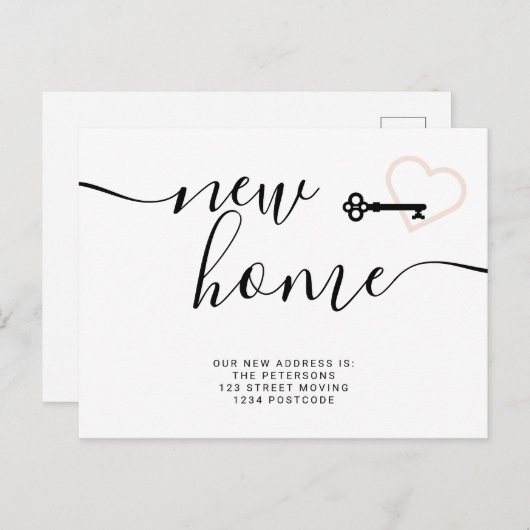 鍵赤面ピンクミニマルの新しいホームハート移動 案内ポストカード (正面/裏面)