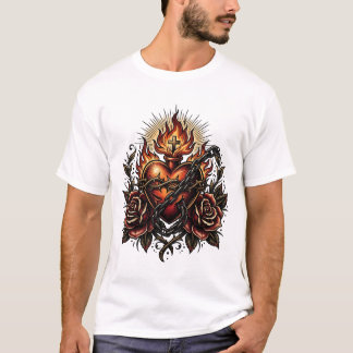 鎖で繭になったダークな宗教的ハートのタトゥーアート Tシャツ