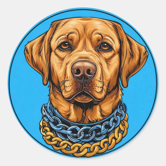 鎖の付いた青い背景のラブラドール犬 ラウンドシール (正面)