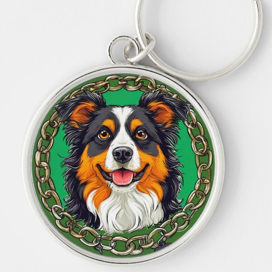 鎖をつけた緑の背景のボーダーコリー犬 キーホルダー (正面)