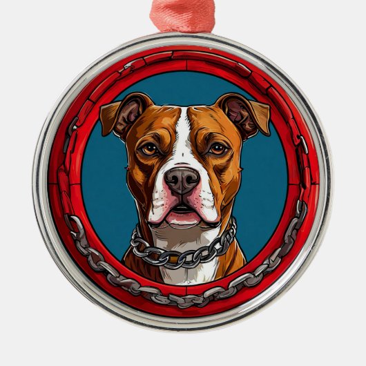 鎖をつけた青い背景の犬 メタルオーナメント (正面)
