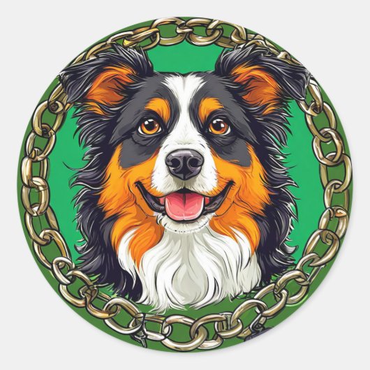 鎖縁どで緑色の背景に犬を連ねる ラウンドシール (正面)