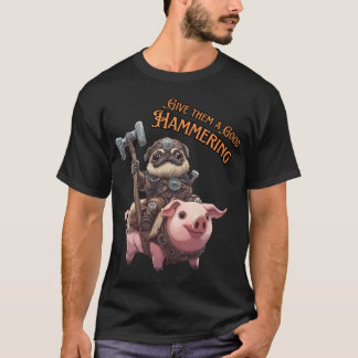 鎧を着たかわいいパグがバトルハンマーを持った豚に乗る Tシャツ