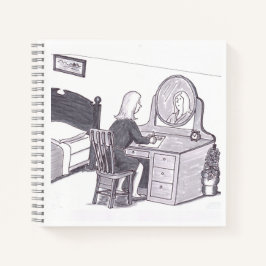 鏡の前で机に向かって座る女性が書き物をする ノートブック