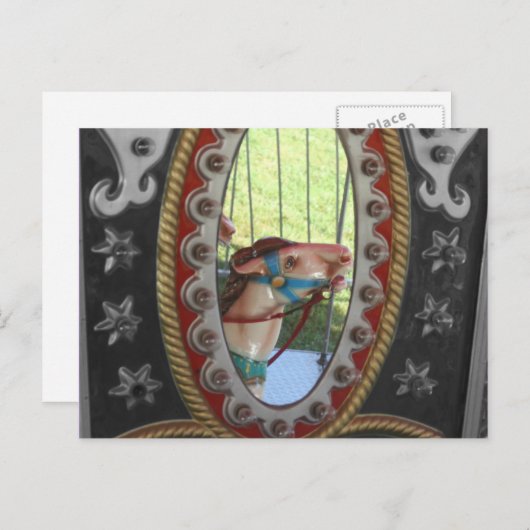 鏡の白黒の郵便はがきの回転木馬の馬 ポストカード (正面/裏面)