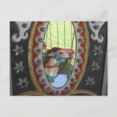 鏡の白黒の郵便はがきの回転木馬の馬 ポストカード (正面)