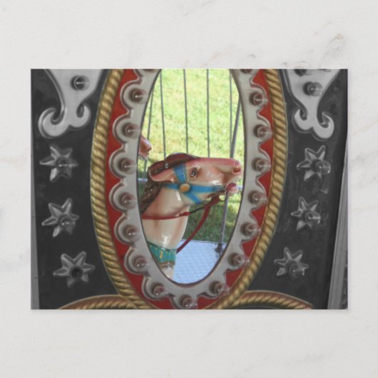 鏡の白黒の郵便はがきの回転木馬の馬 ポストカード (正面)