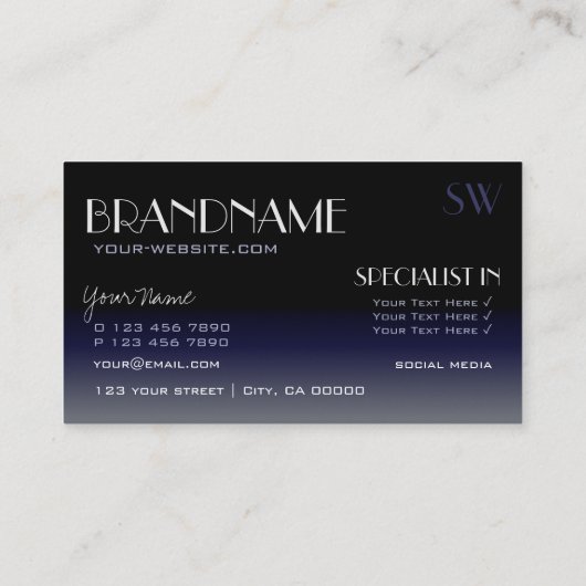 鏡モダンフォントクラシックブラックアンドブルーモノグラム 名刺 (裏面)