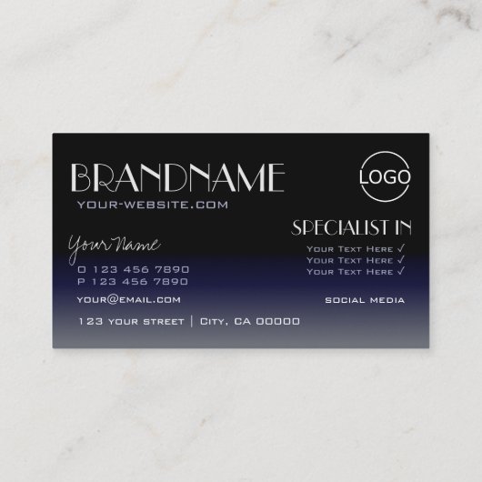 鏡モダンフォントクラシックブラックブルーとロゴ 名刺 (裏面)