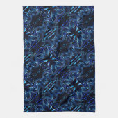 鏡像化された花と蝶が濃い青色で形成 キッチンタオル (縦)