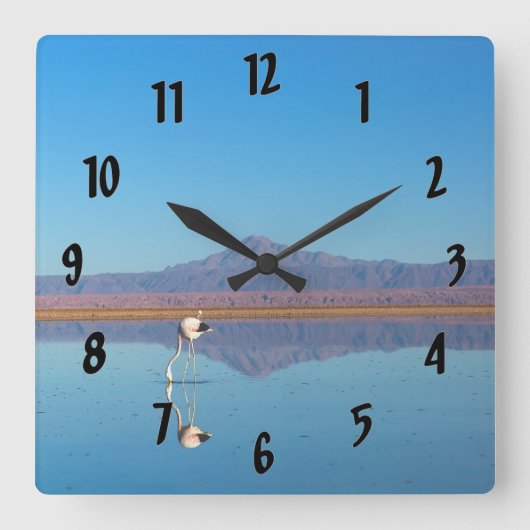 鏡面フラミンゴ スクエア壁時計 (正面)