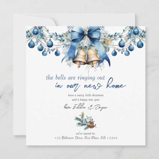 鐘が鳴り響く青いクリスマスの新しい住所 シーズンカード (正面)