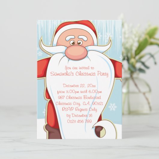 長いひげのクリスマス・パーティが付いているかわいい漫画サンタ 招待状 (スタンド正面)
